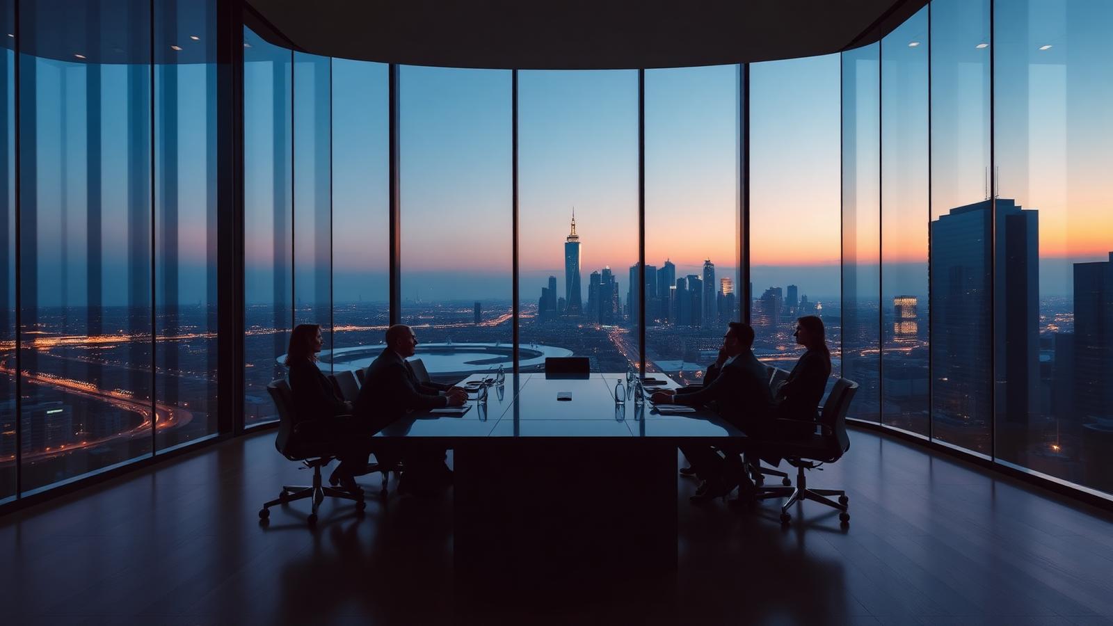 Executive boardroom overlooking a city skyline at dusk