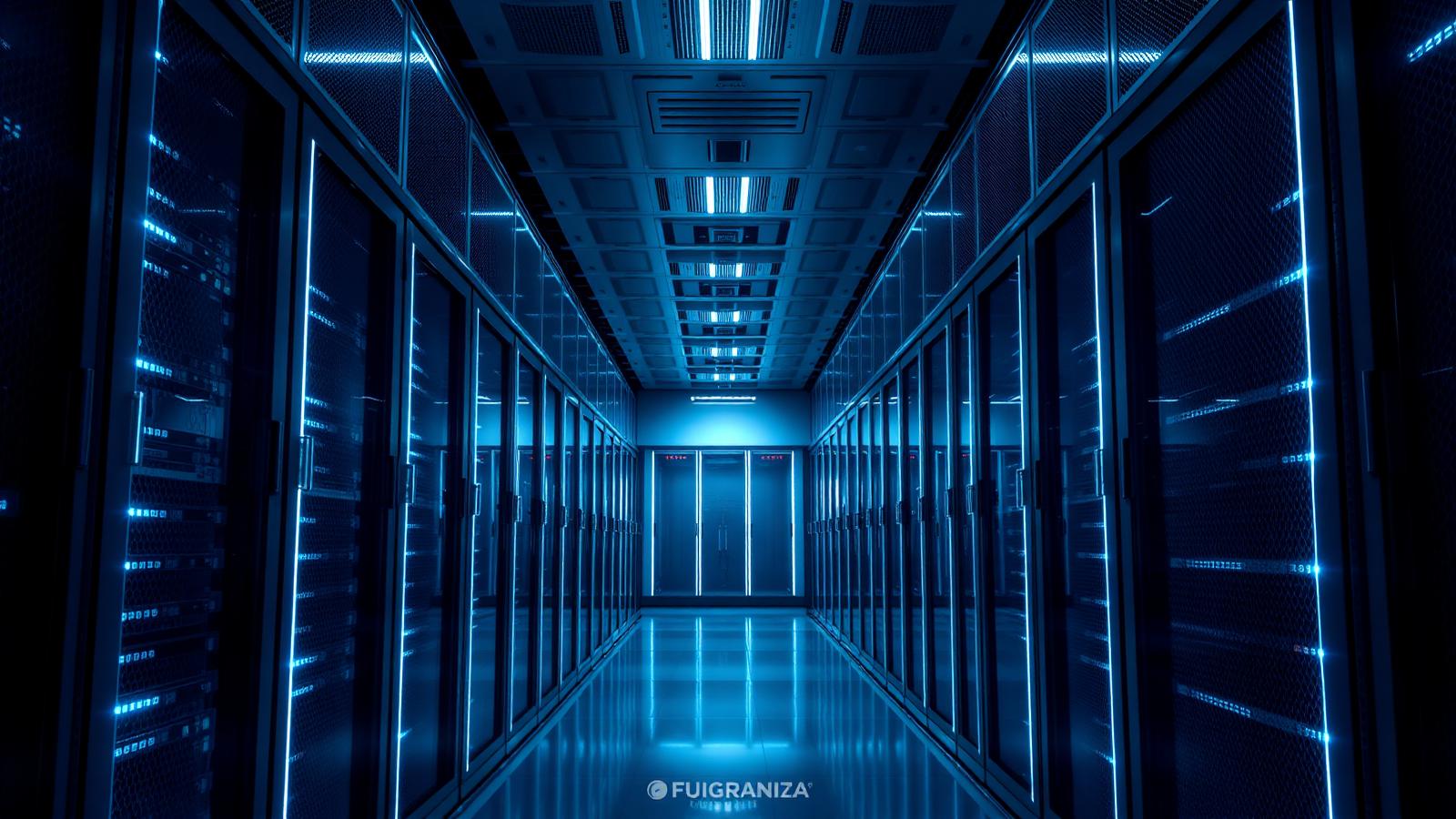 Data center infrastructure with glowing server racks