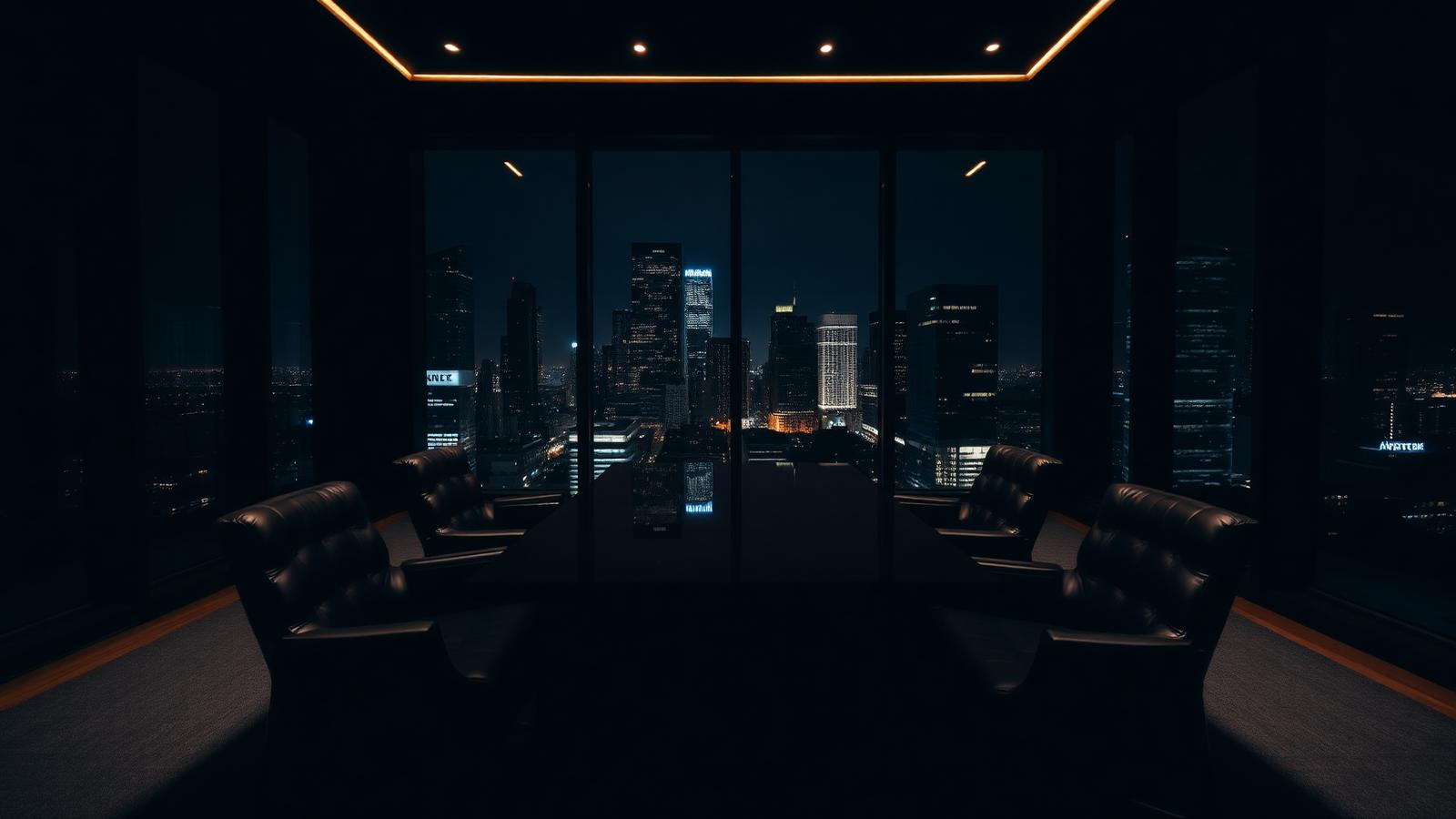 Private executive meeting room overlooking a city skyline at night